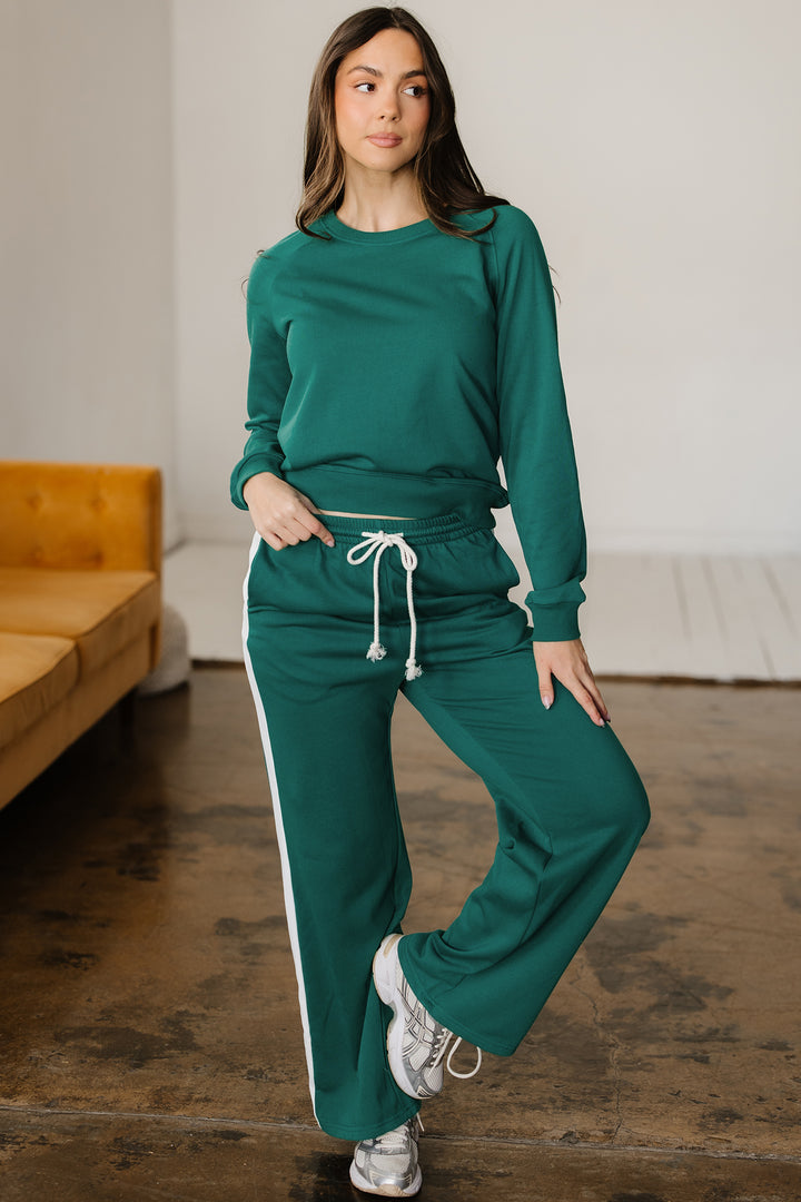 Sea Green Solid Color Pullover Top Varsity Stripe Detail Loose Drawstring Pants Set