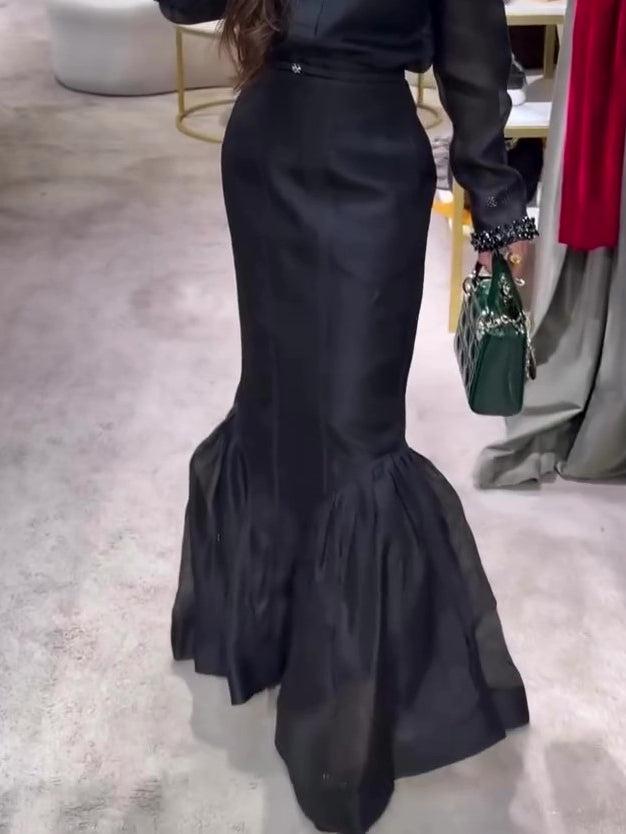 Black Structured Organza Mermaid Maxi Skirt