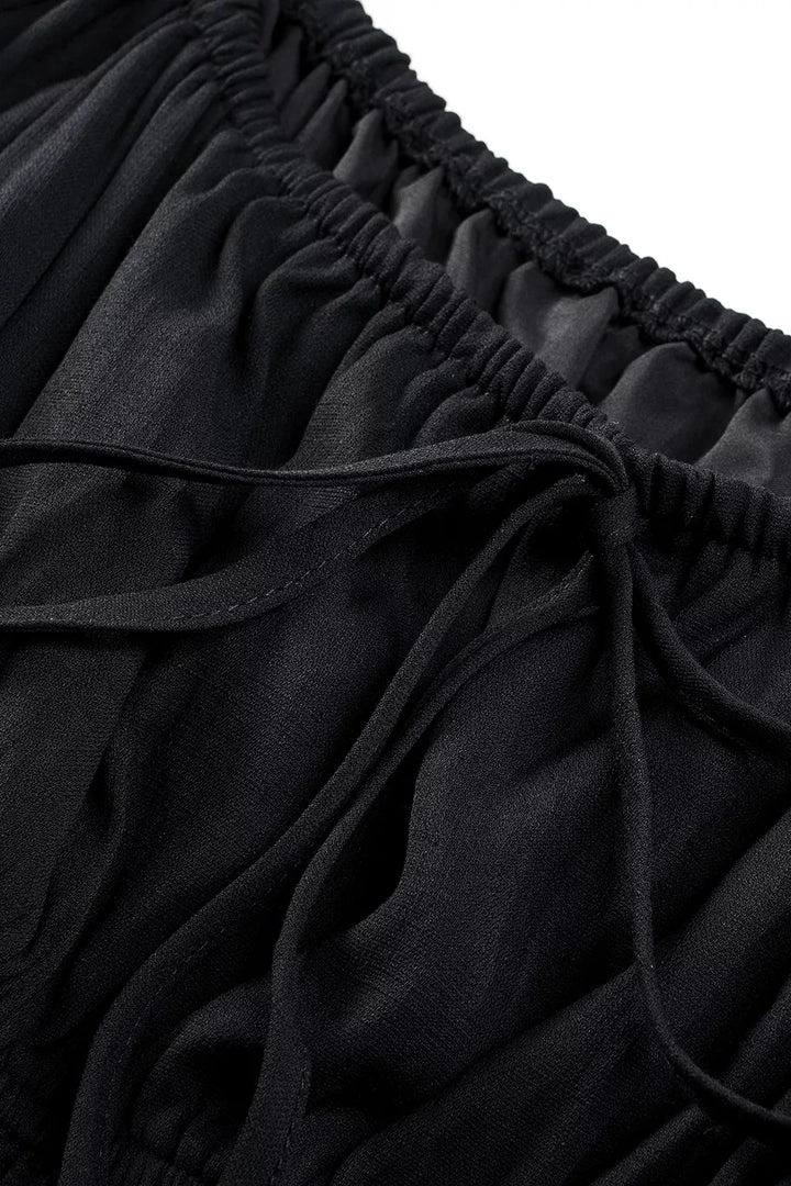 Solid Color Long Sleeve Shirred Drawstring Ruffle Mini Dress