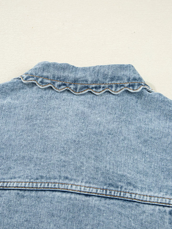 Scallop Trim Collar Patched Pocket Button Up Denim Jacket