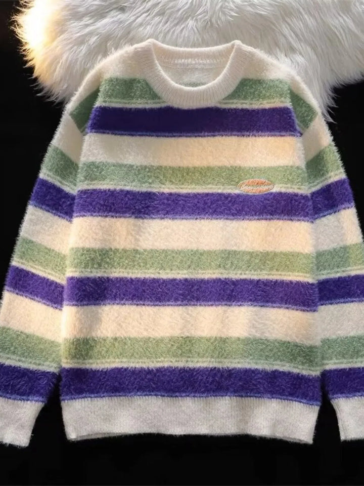 Men's Striped Fuzzy Knit Pullover Sweater