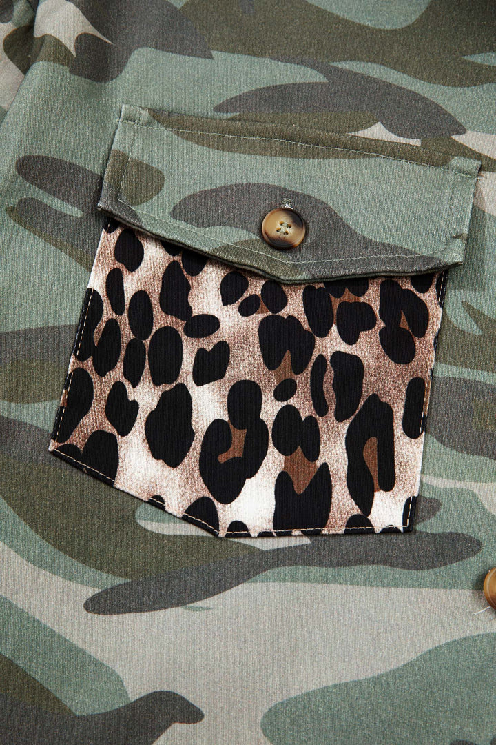 Green Camo Leopard Patchwork Flap Pocket Crop Jacket