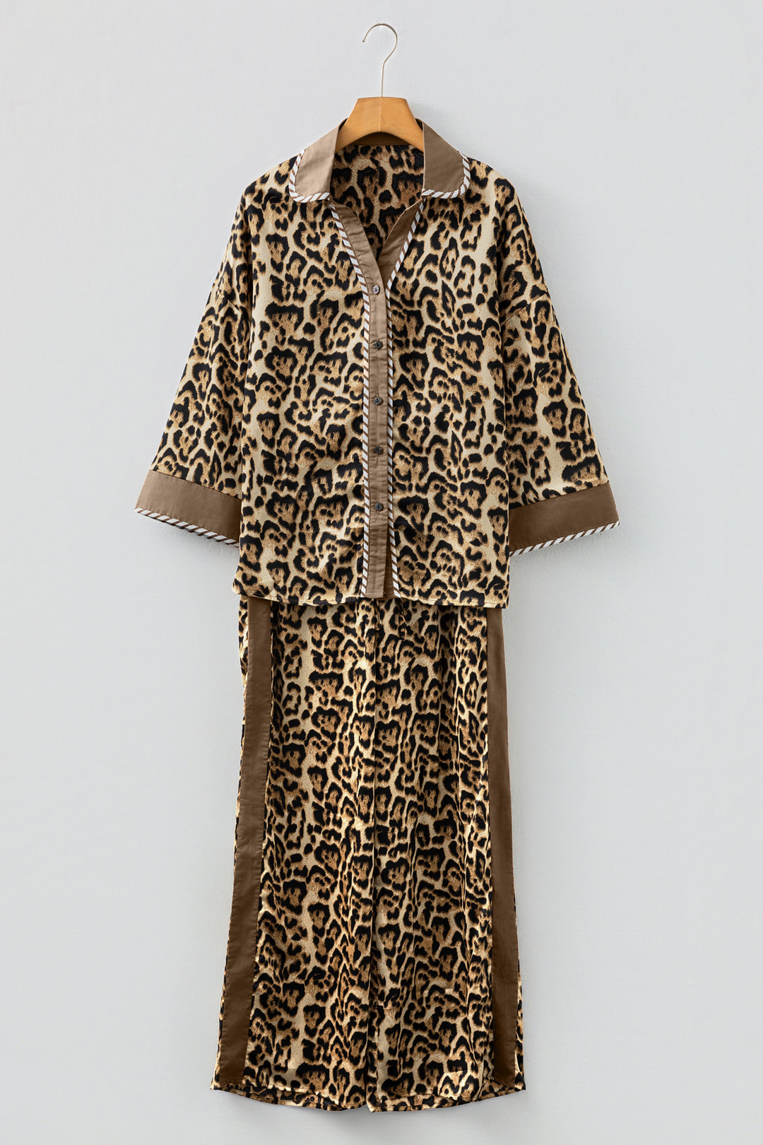 Brown Leopard Collared 3/4 Sleeve Shirt and Loose Pants Two Piece Outfit Set