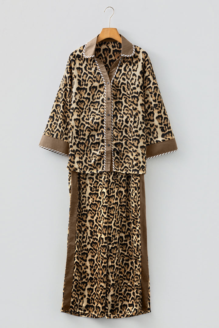 Brown Leopard Collared 3/4 Sleeve Shirt and Loose Pants Two Piece Outfit Set