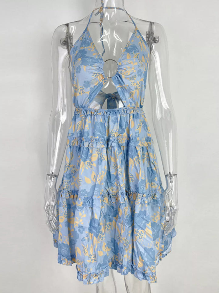 Colorful Print Halter Neck Ruffle Mini Dress