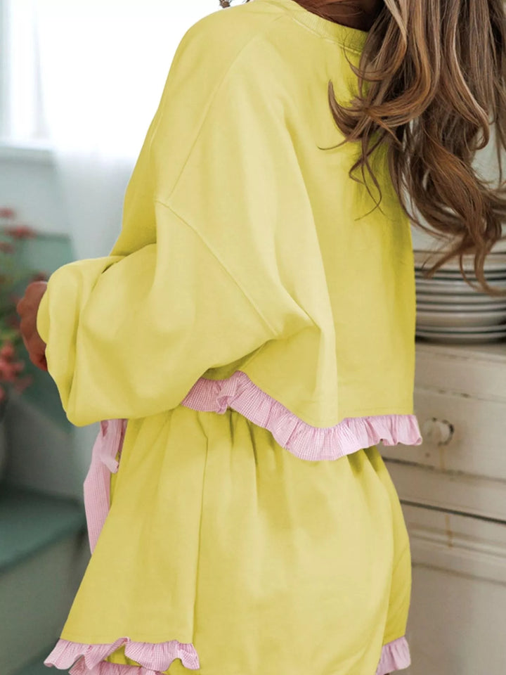 Contrast Frill Hem Round Neck Top and Shorts Set