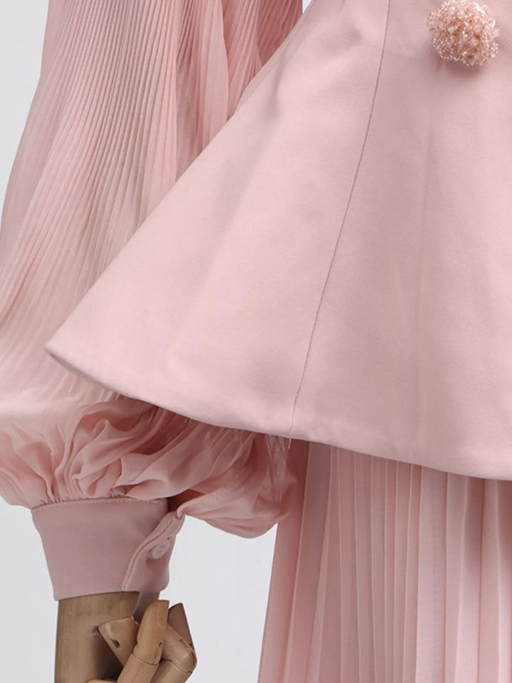 Frill Lapel Collar Top and Pleated Skirt Set