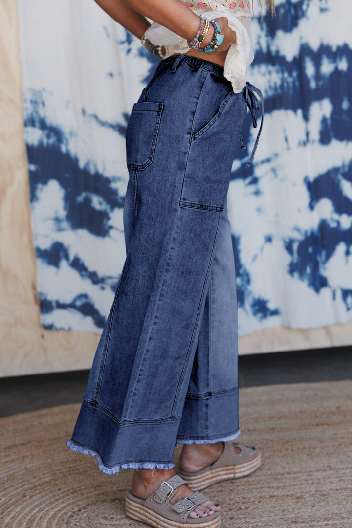 Prussian Blue Drawstring Seam Detail Raw Hem Wide Leg Denim Pants