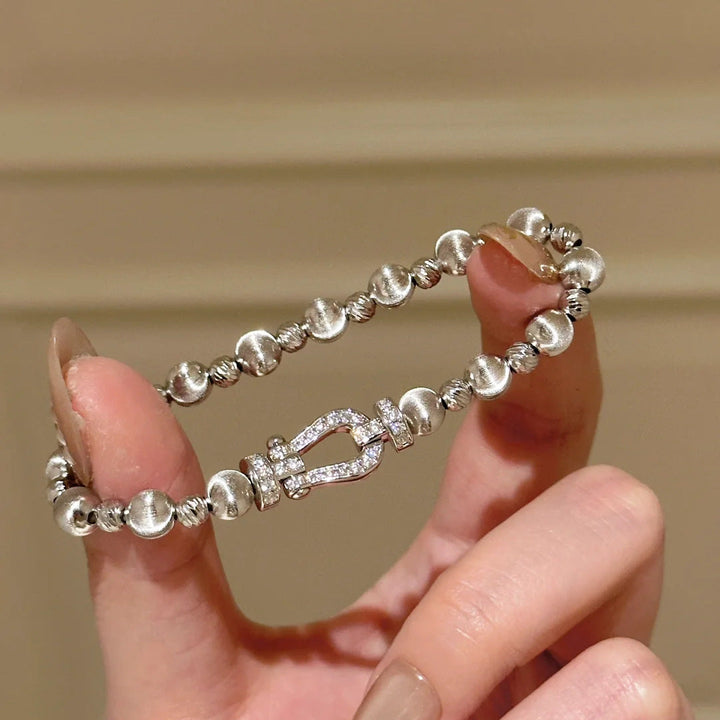 Silver Tone Brushed Bead Horseshoe U Clasp Bracelet Clear Simulated Zirconia Spring Buckle Unisex Daily Hand Ornaments