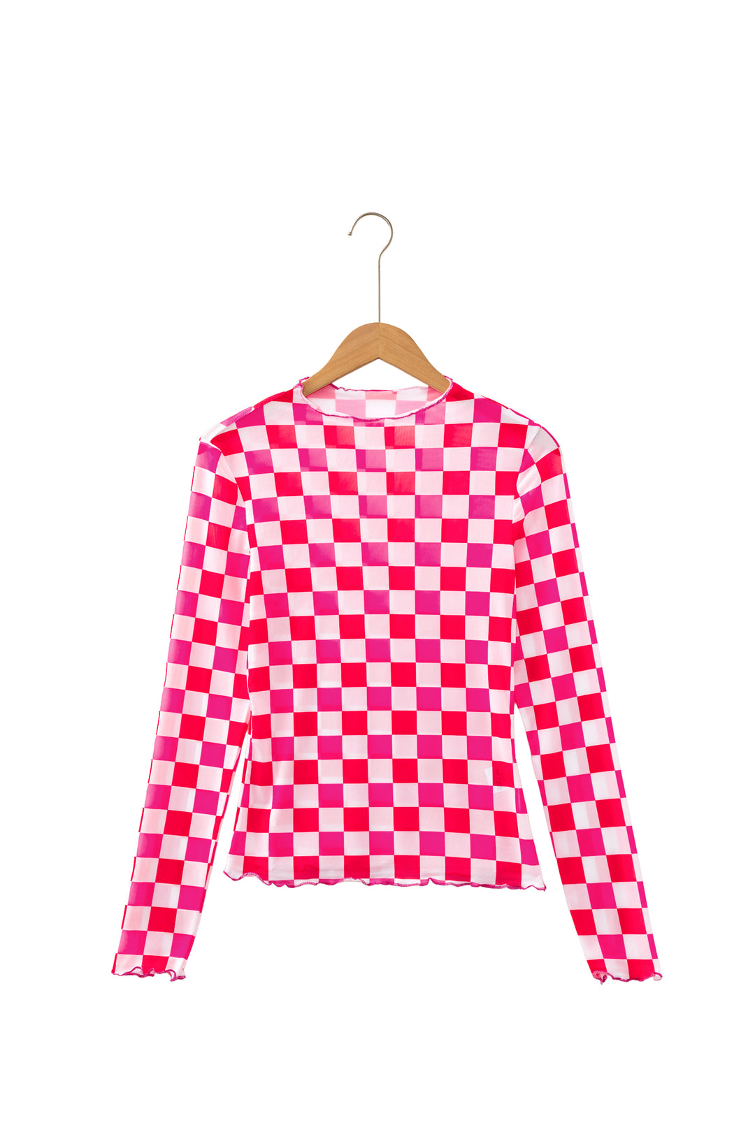 Rose Plaid Heart Mesh Sheer Long Sleeve High Neck Blouse