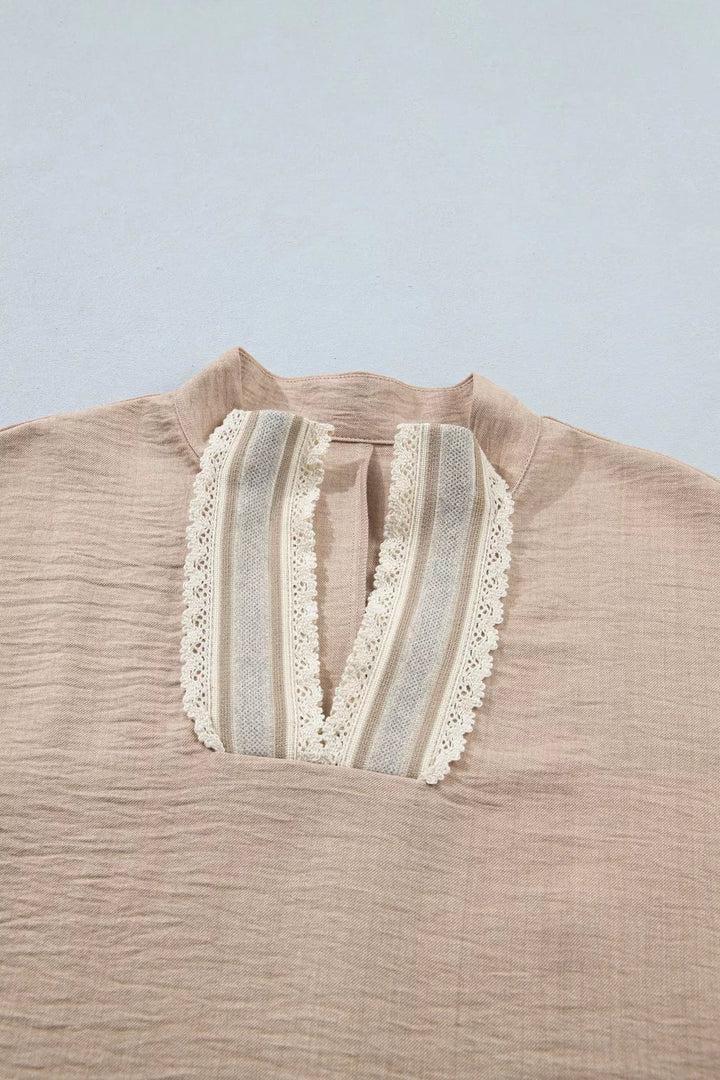 Crochet Lace Accent Pullover Rolled Short Sleeve Blouse