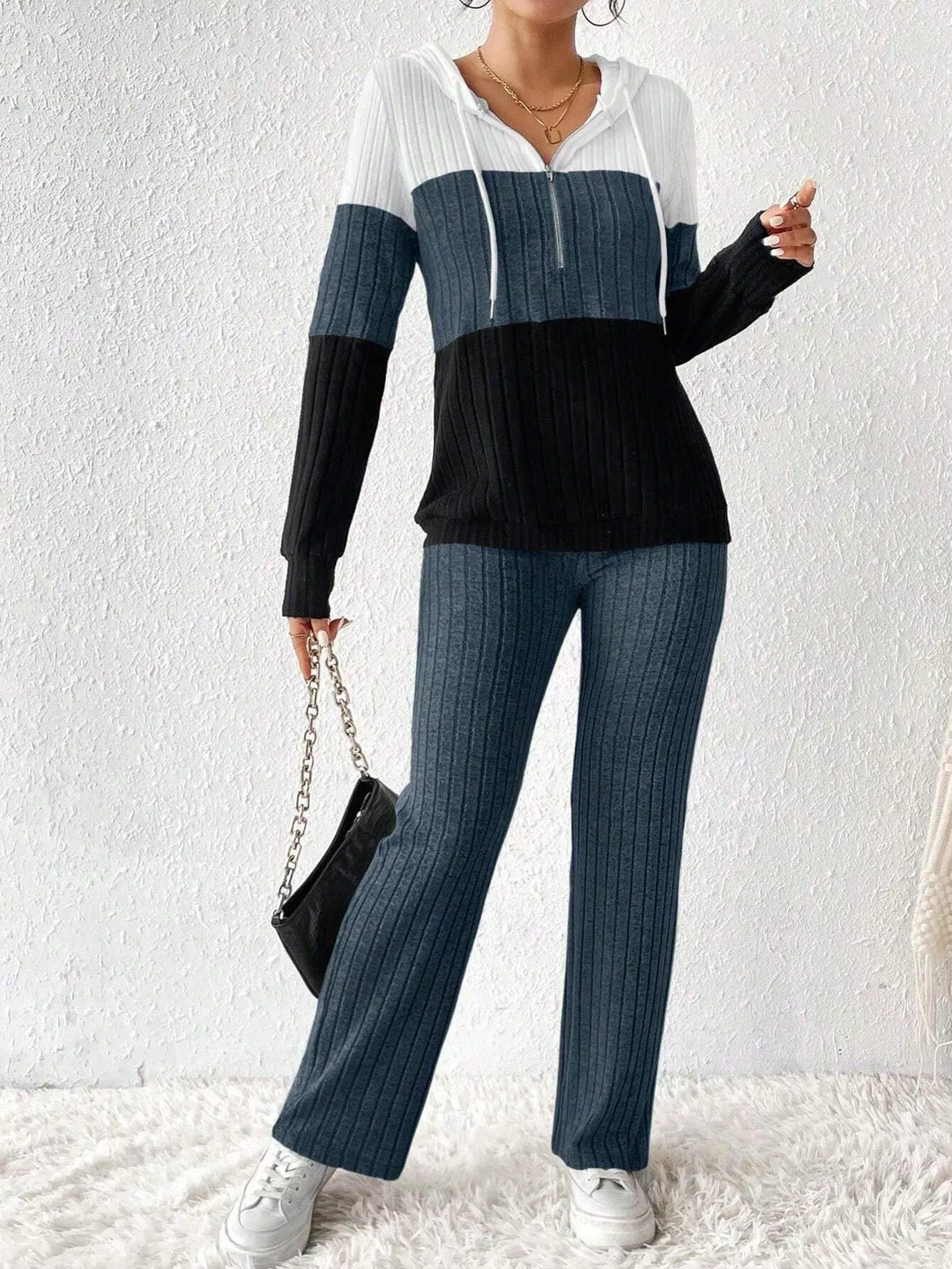 Color Block Half Zip Hooded Top and Pants Set
