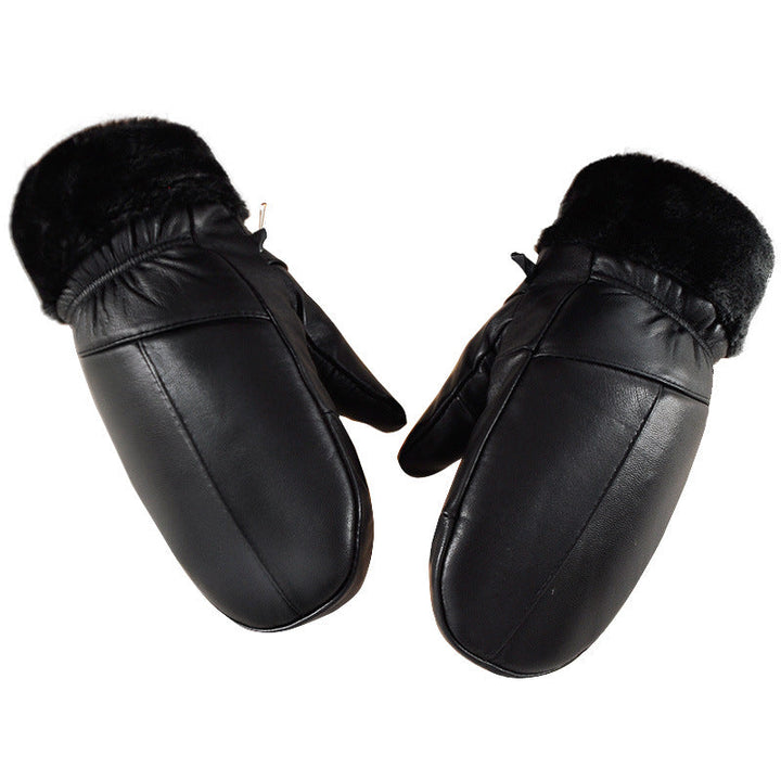 Fleece-lined Thickened Cold-resistant Windproof Sheepskin Mittens For Cycling