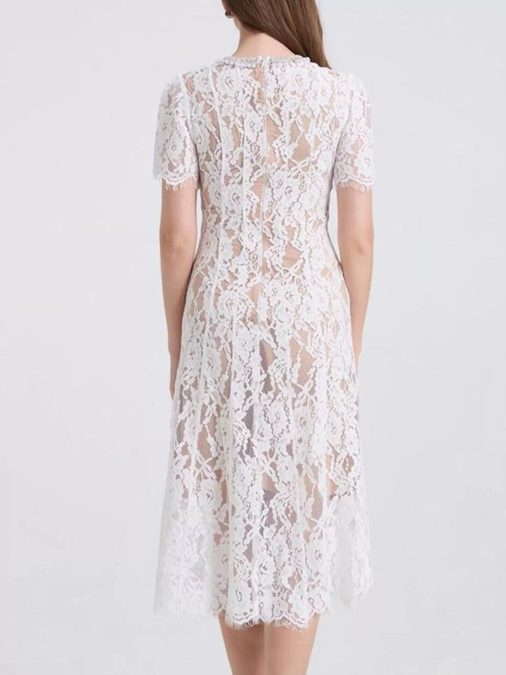 Lace Pearl Neckline Midi Dress
