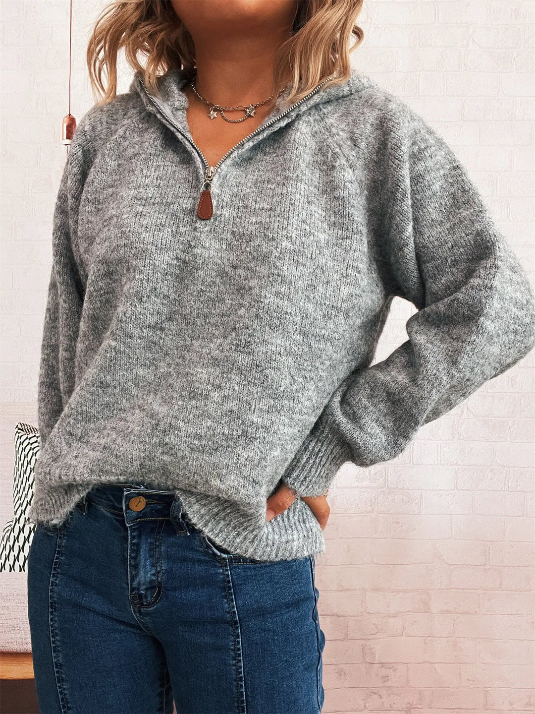 Quarter Zip Ribbed Hem Sweater