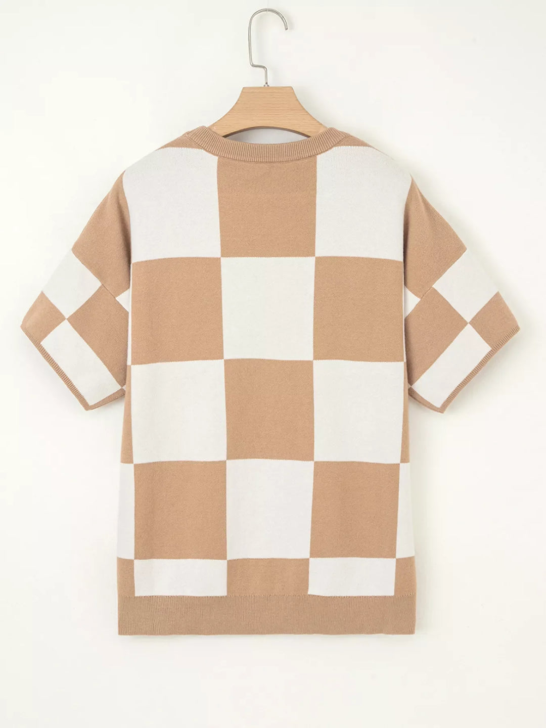 Checkered Pattern Loose Drop Shoulder Half Sleeve Sweater