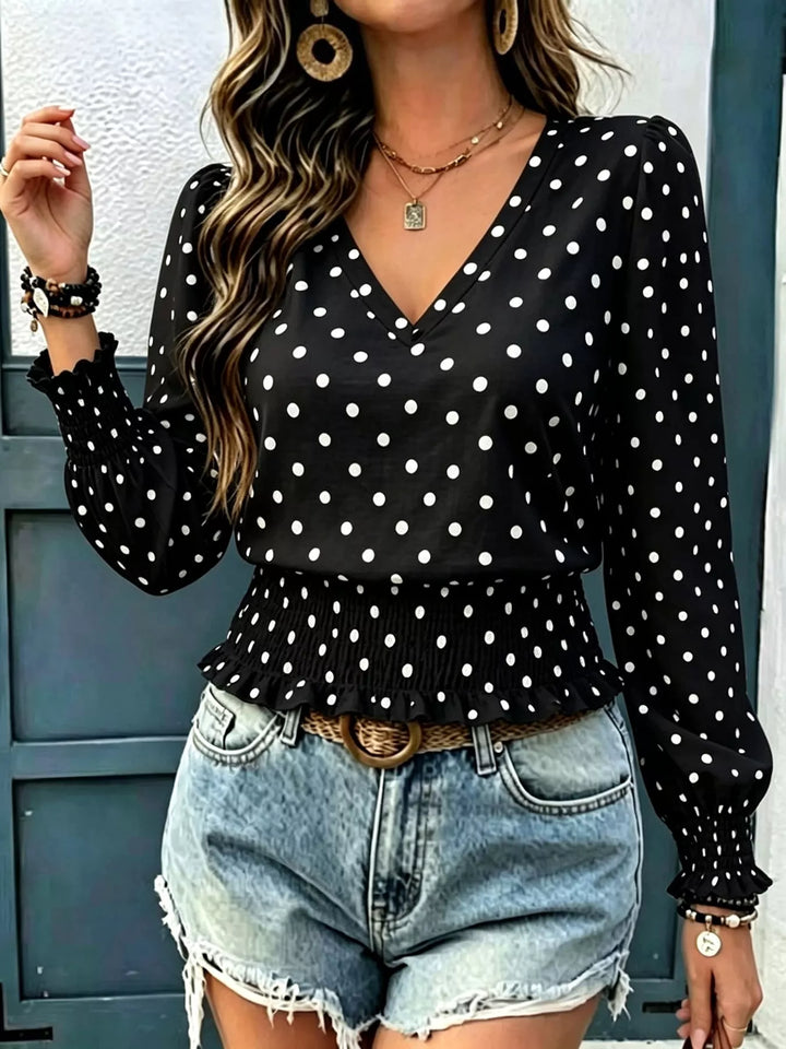 Polka Dot V-Neck Smocked Blouse