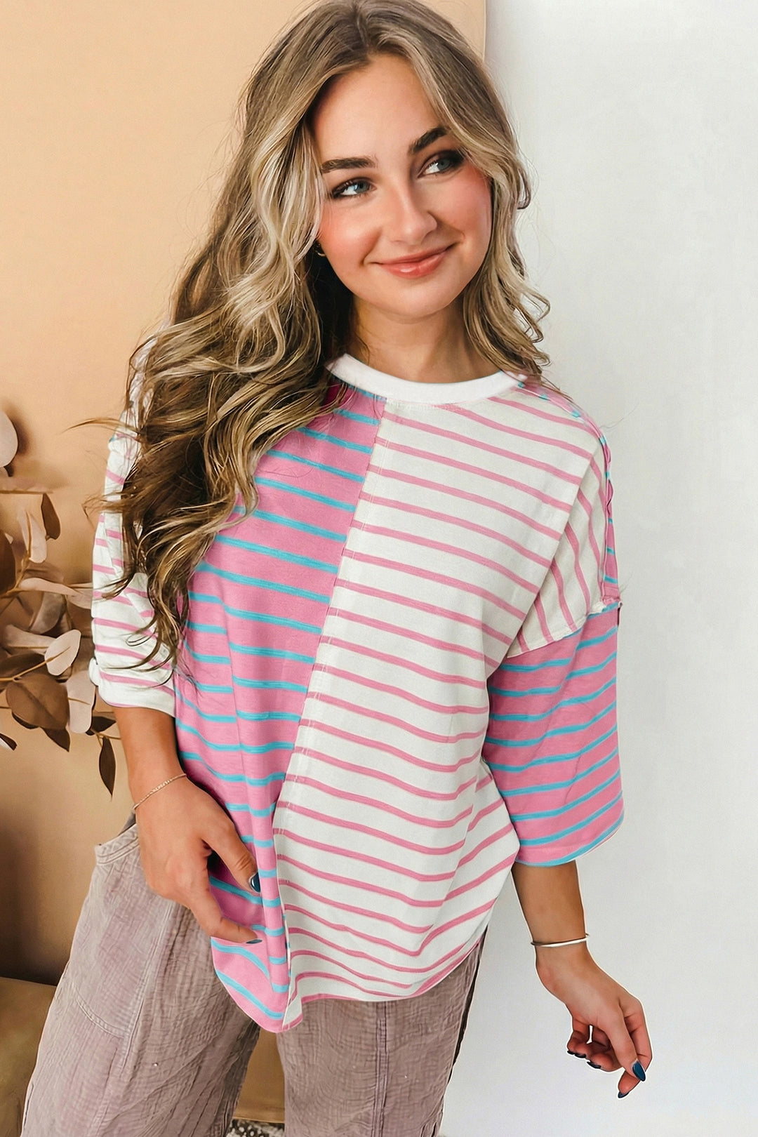 Pink Stripe Colorblock 3/4 Sleeve Loose T Shirt