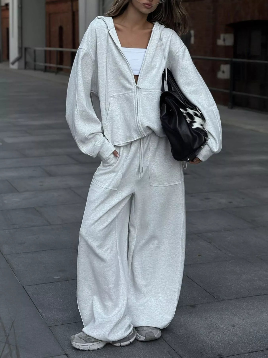 Oversized Zip-Up Hoodie and Wide-Leg Pants Set