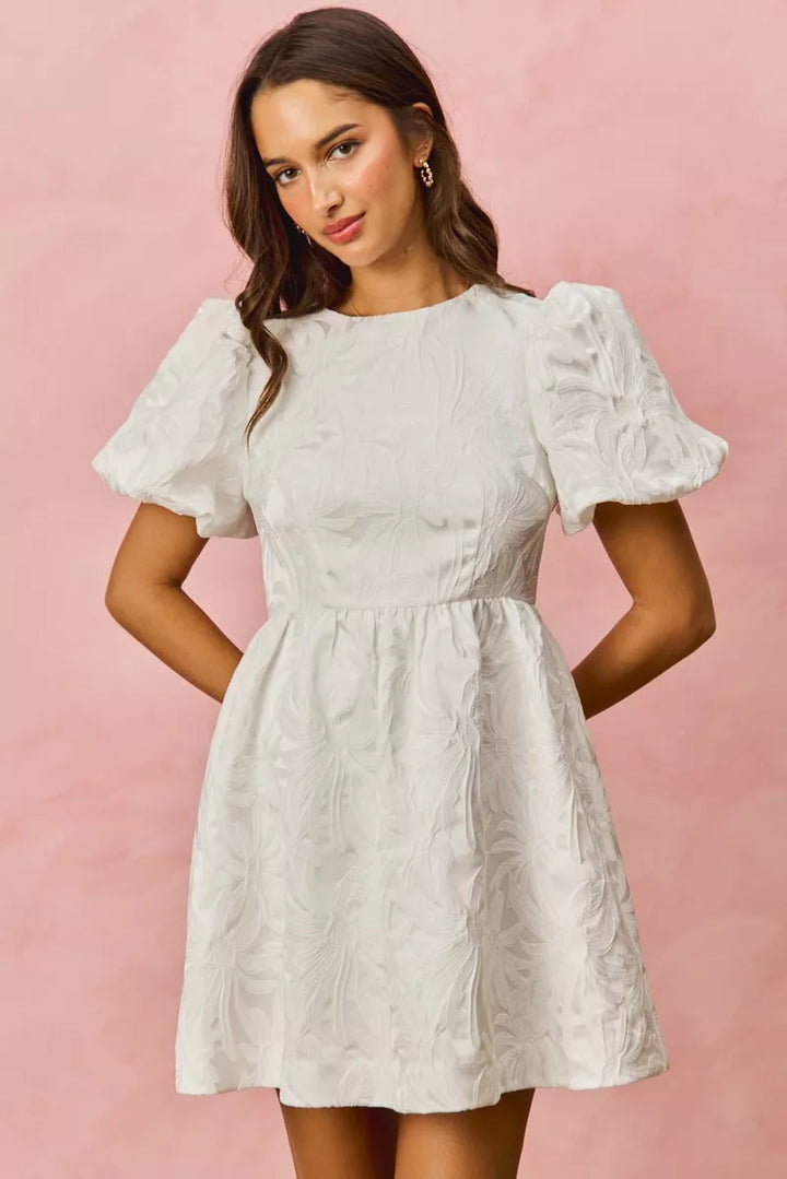 SO ME Floral Jacquard Bubble Shorts Sleeves Mini Dress