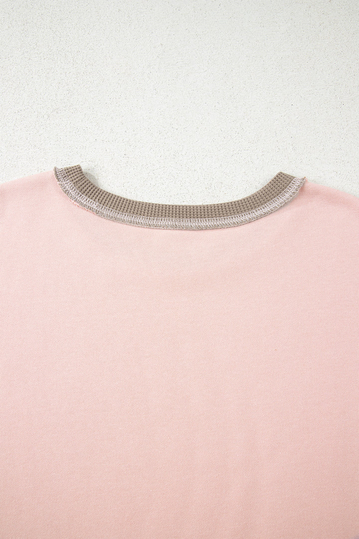 Light Pink Plus Color Block Waffle Patchwork Exposed Seam Baggy Sweatshirt