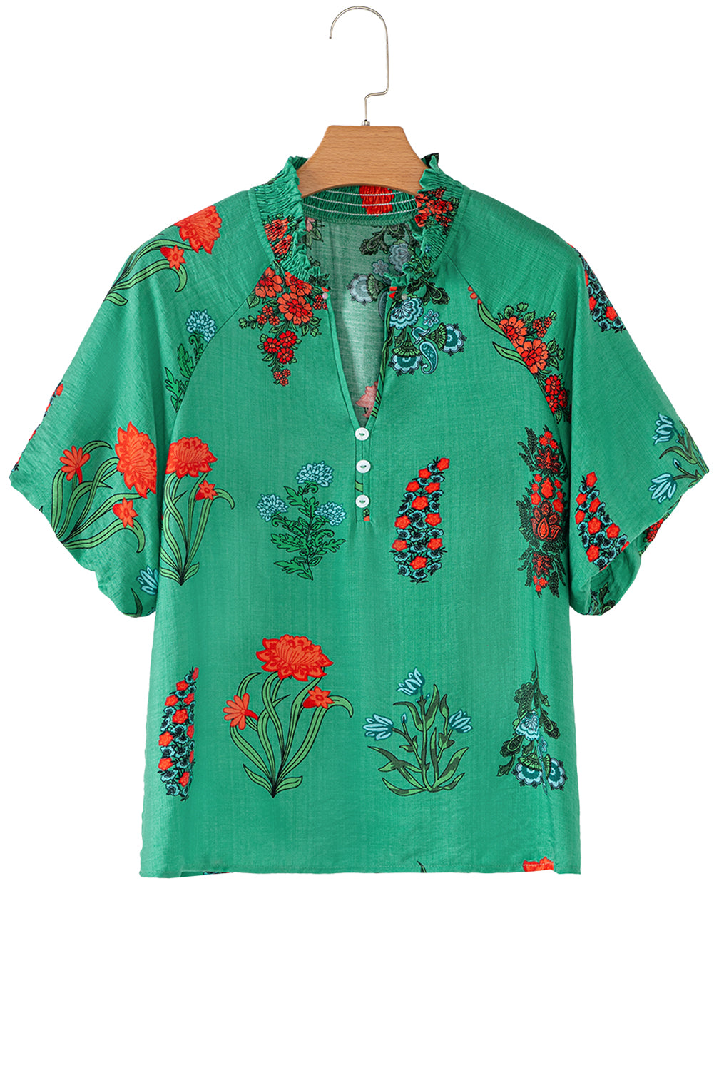 Chemisier à manches courtes et col en V boutonné à imprimé floral vert vif
