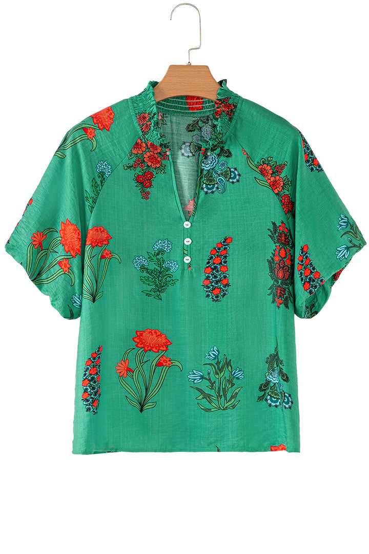 Chemisier à manches courtes et col en V boutonné à imprimé floral vert vif