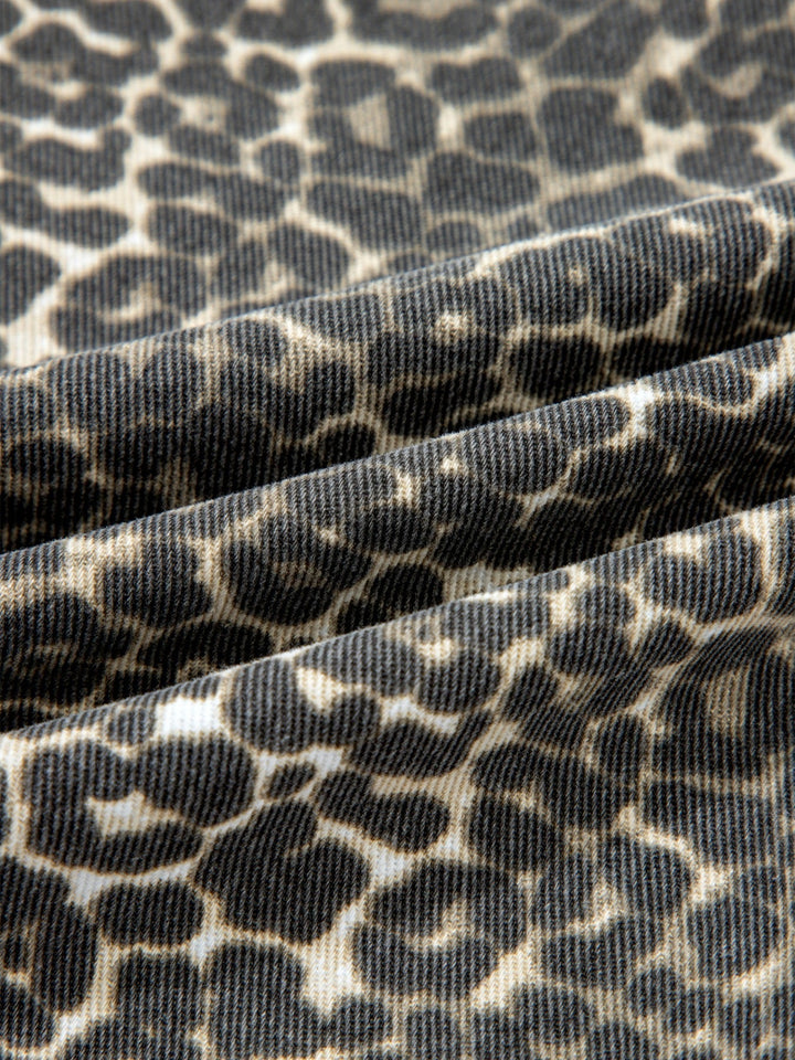 Leopard Print Short Sleeve Denim Shirt