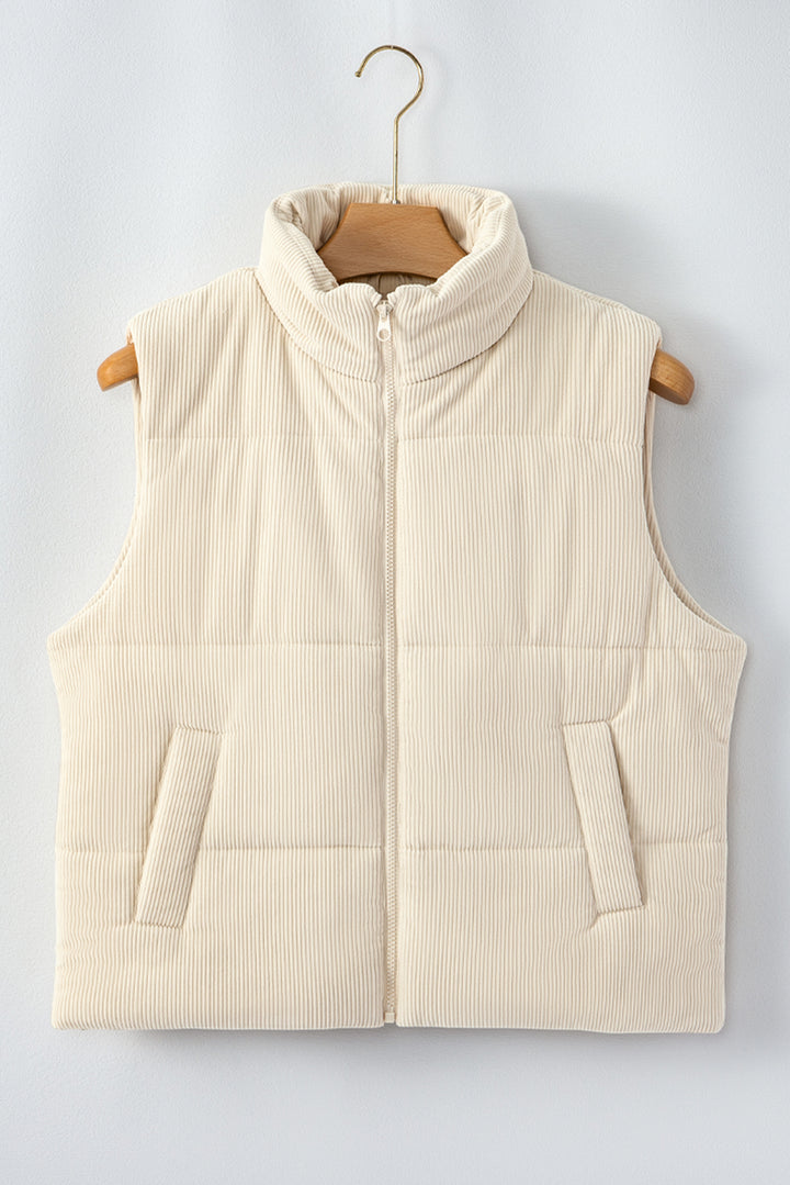 Beige Corduroy Stand Neck Zipped Puffer Vest