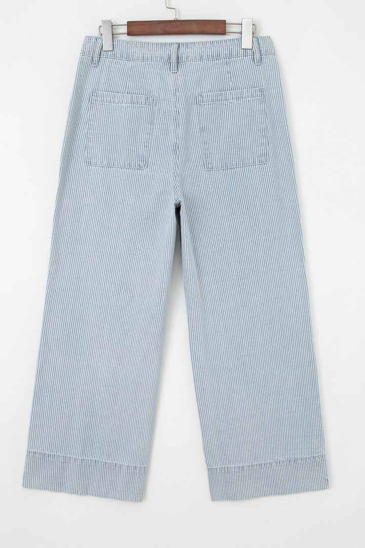 Sky Blue Stripe Button Flap Pocket Cuffed Hem Wide Leg Jeans