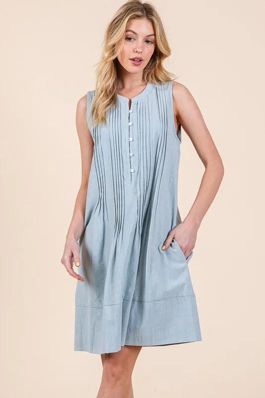 Lime 'N' Chili Denim Pintuck Detail Sleeveless Midi Dress