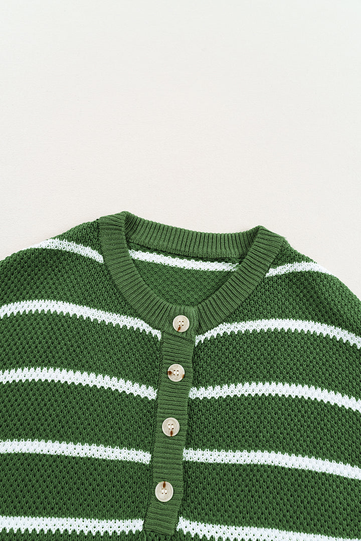 Green Stripe Henley Buttoned Placket Drop Shoulder Bracelet Sleeve Knit Sweater Tee