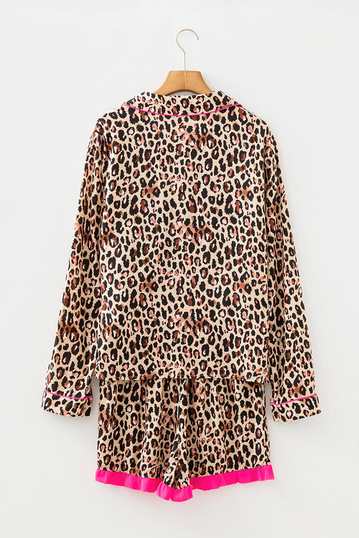 Light French Beige Leopard Print Contrast Trim Long Sleeve Shirt Drawstring Ruffle Hem Short Set