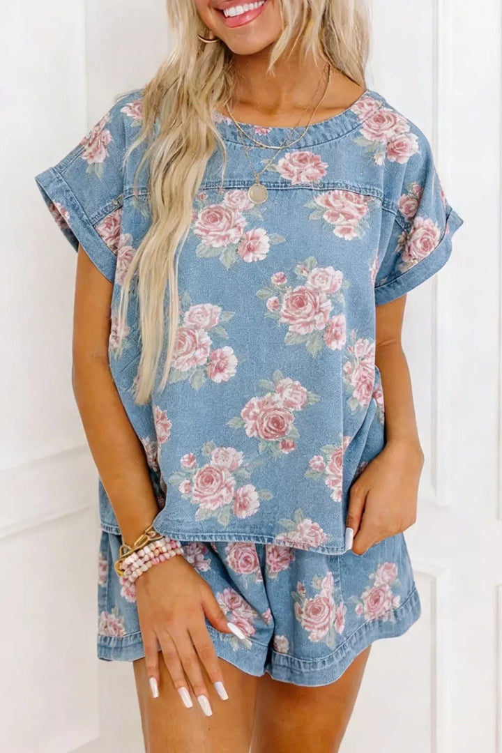 Floral Print Top and Shorts Denim Set