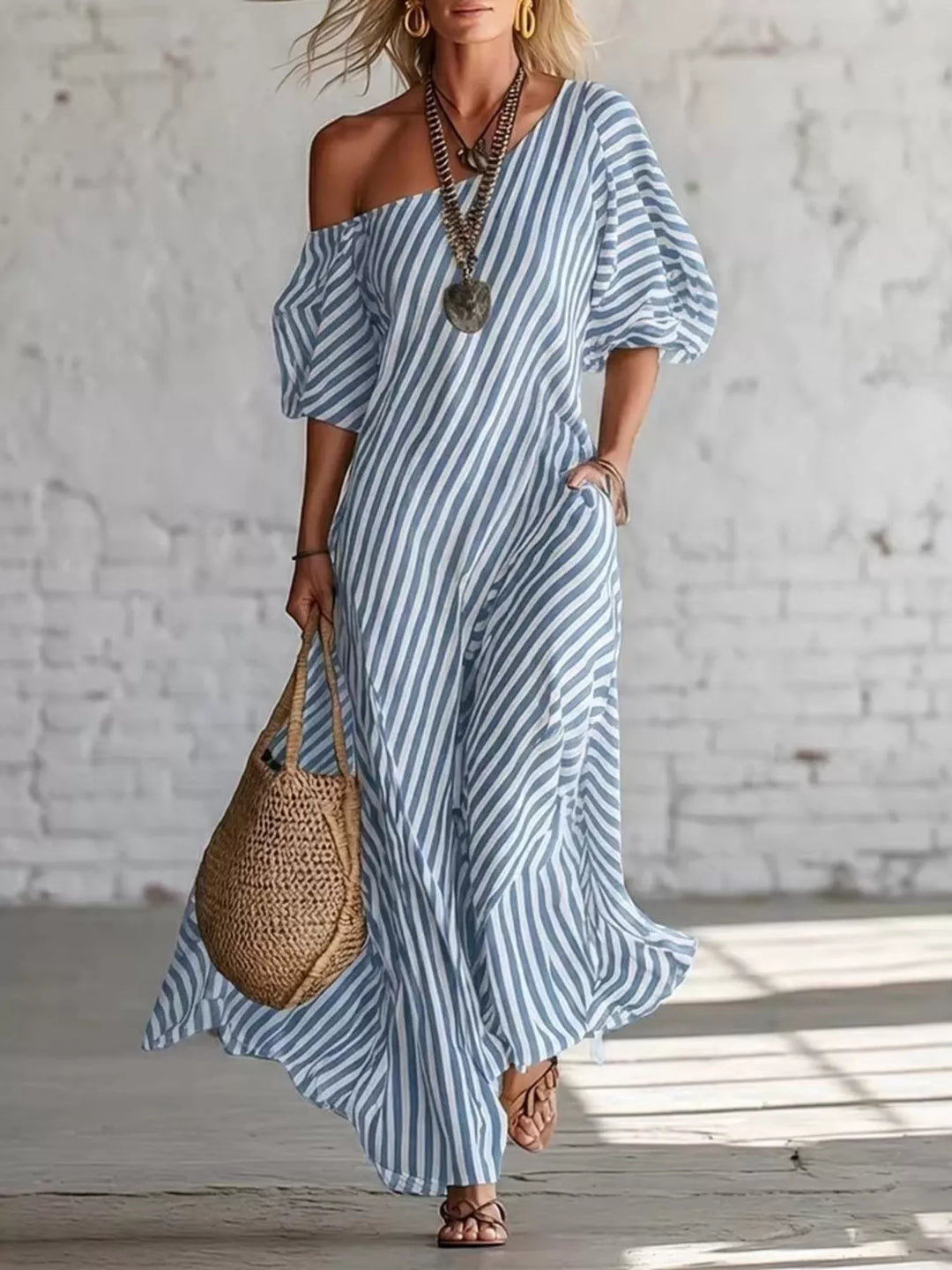 Full Size Striped One-Shoulder Casual Maxi Dress Plus Size