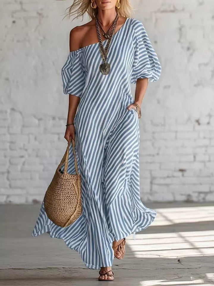 Full Size Striped One-Shoulder Casual Maxi Dress Plus Size