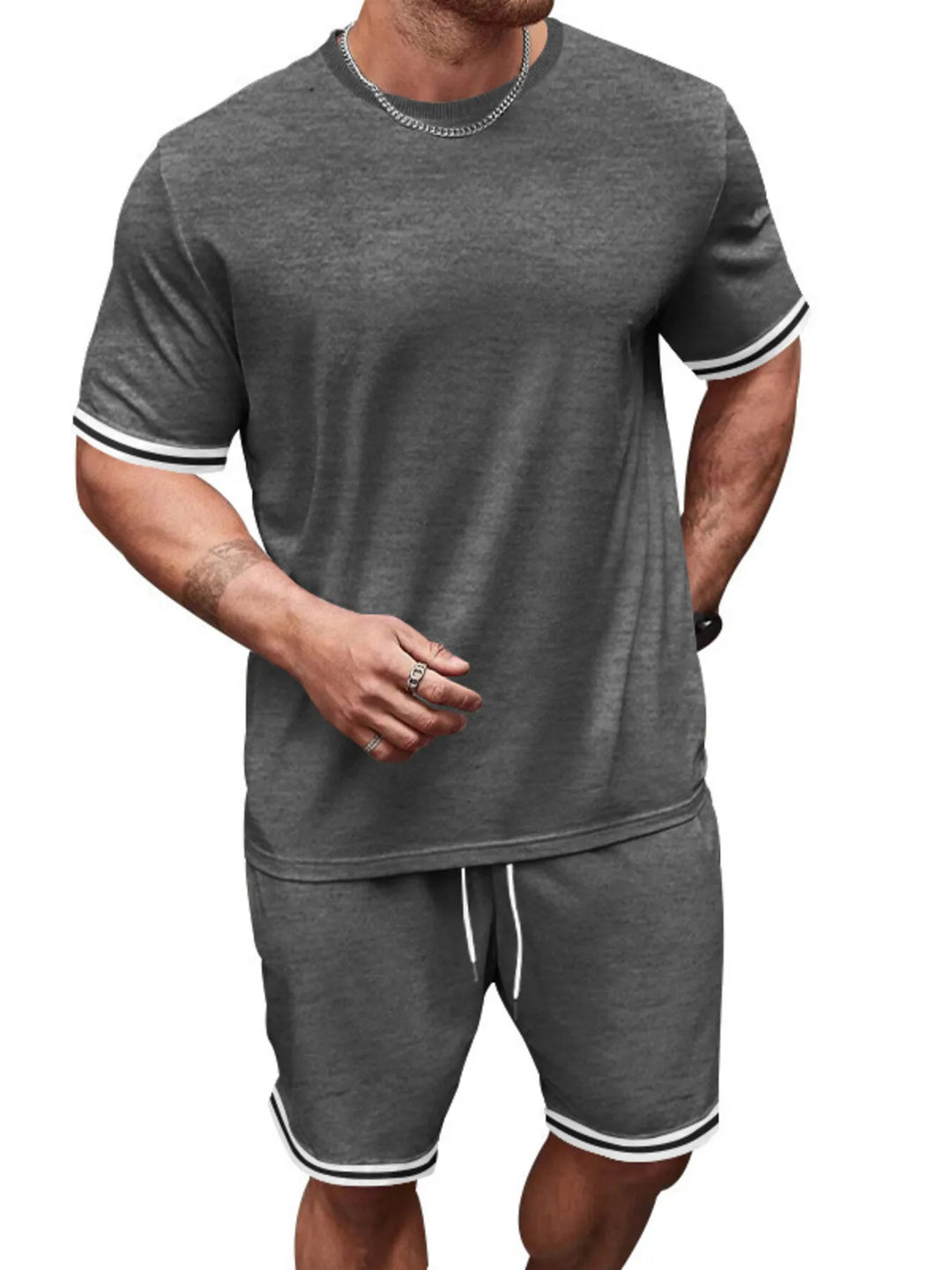 Men's Full Size Striped Short Sleeve Tee and Shorts Set Plus Size