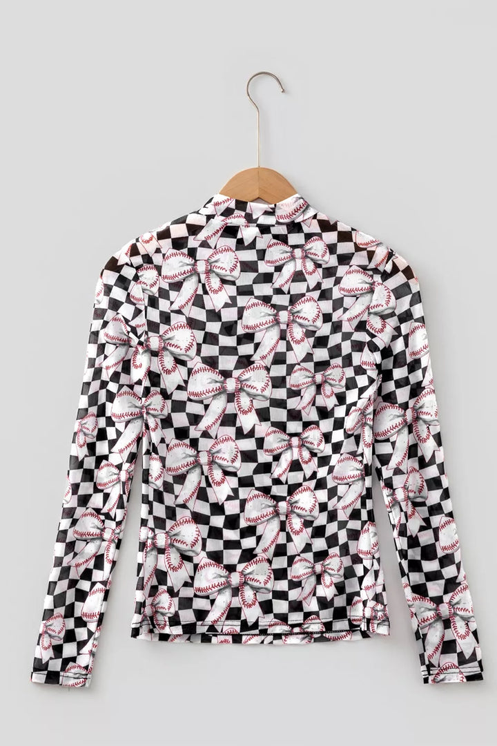 Checkered Baseball Bow Print High Neck Long Sleeve Mesh Top