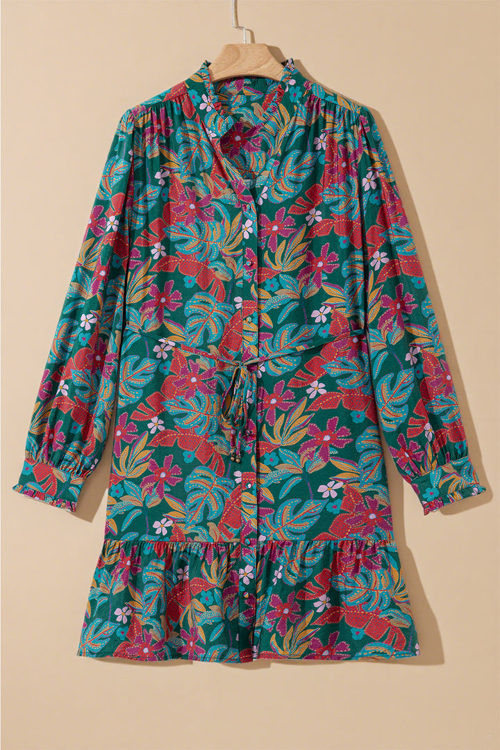 Green Floral Friled V Neck Puff Sleeve Ruffled Shirt Dress