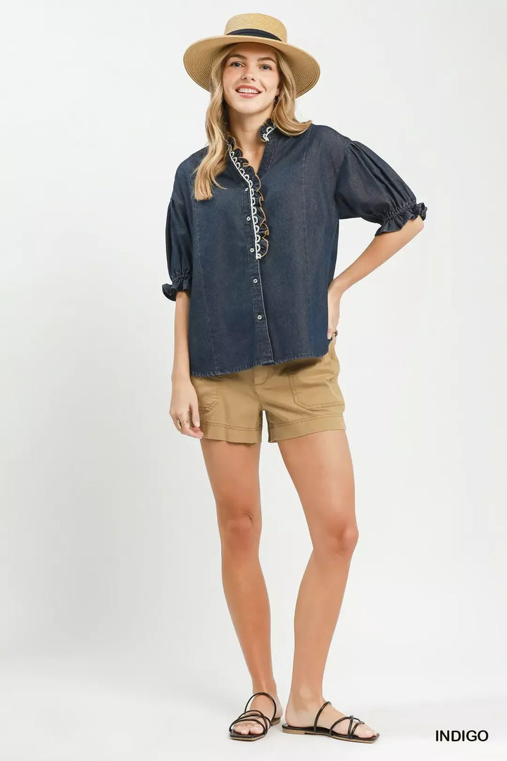 Umgee Chambray Scalloped Trim Button Front Blouse