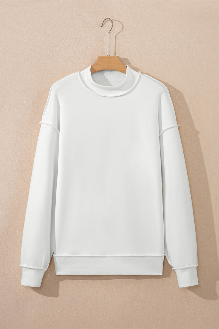 White Oversize Drop Shoulder Reversible Mock Neck Sweatshirt