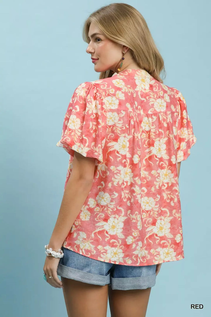 Umgee Floral Button-Front Short Sleeve Shirt