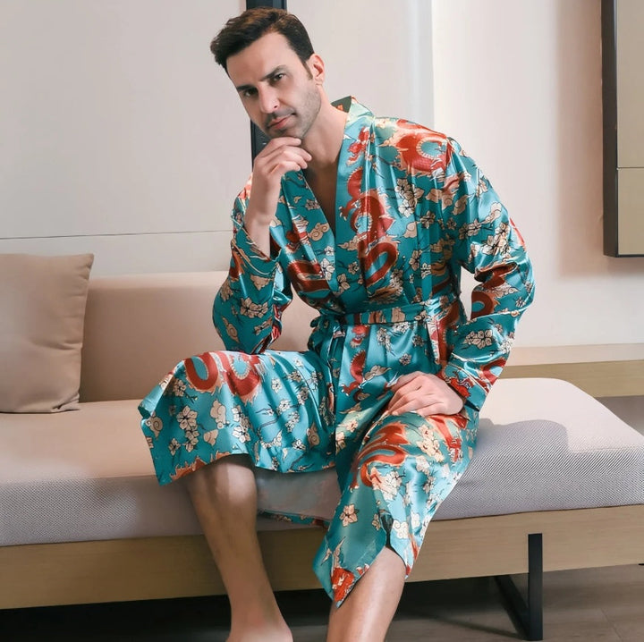Summer Ice-silk Long-style Wearable Ice-silk Youth Long-sleeve Loungewear Mens Nightgown Thin Style