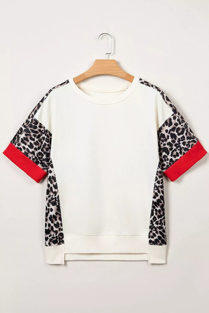 Leopard Block Patchwork Uneven Hem Short Sleeve Top