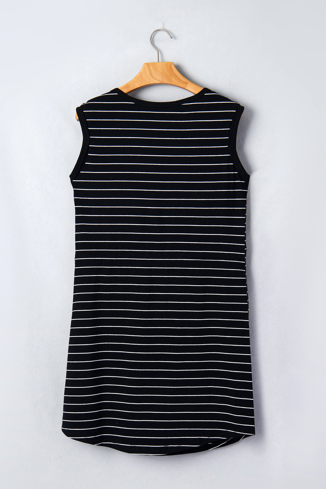 Black Stripe Drawstring Tunic Tank Mini Dress with Pockets