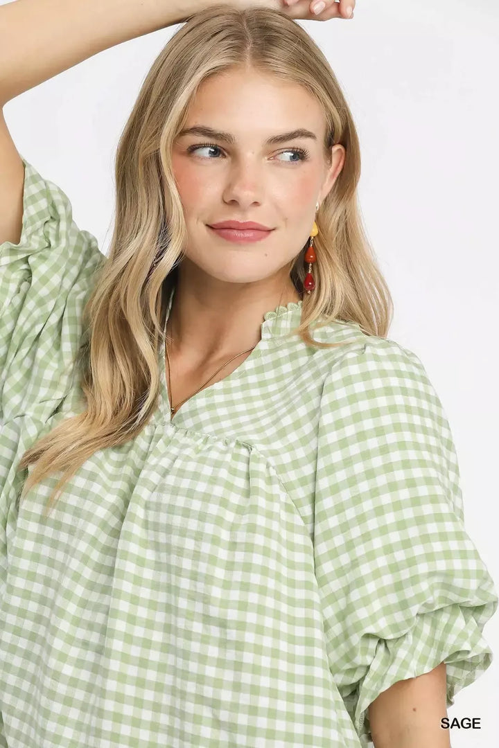 Umgee Gingham Puff Sleeve Babydoll Blouse