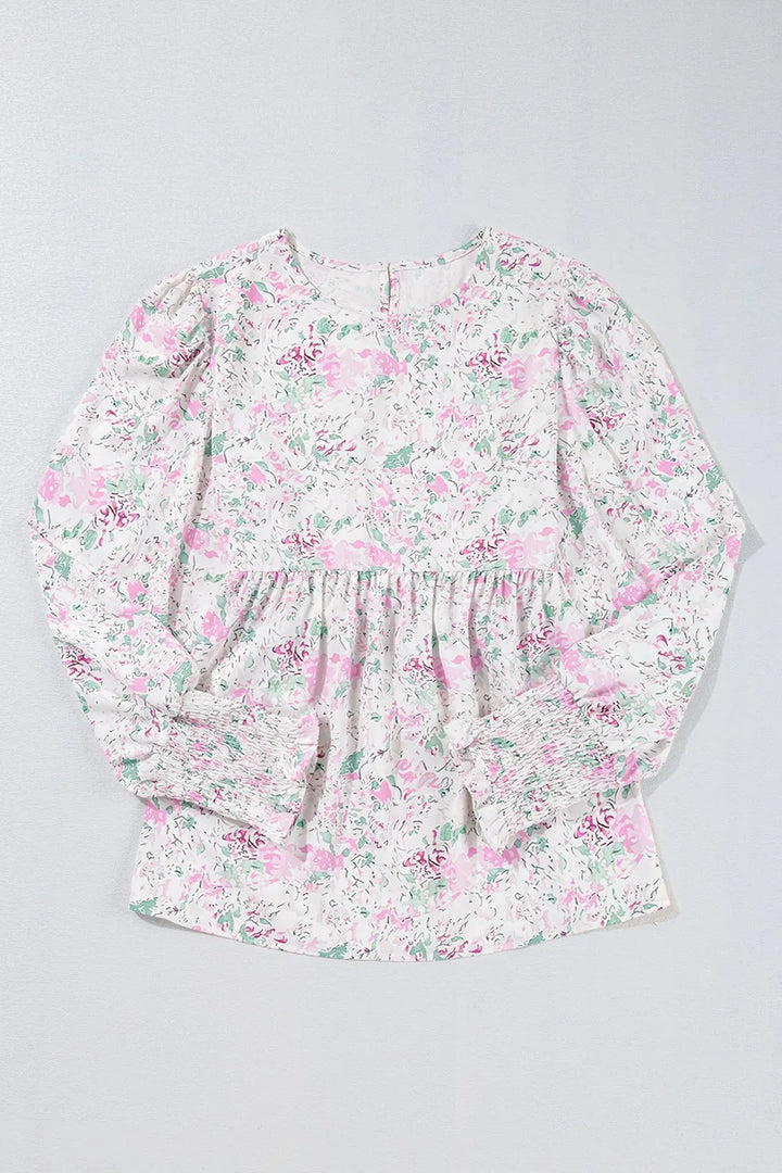 Printed Round Neck Long Sleeve Blouse