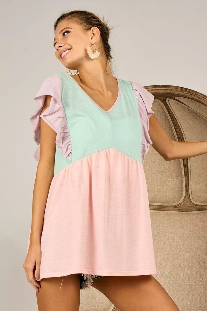 BiBi Triblend Color Block Ruffled Sleeve Babydoll Top