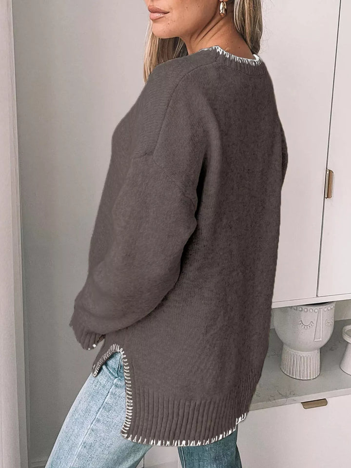 Slit Contrast Trim Round Neck Sweater