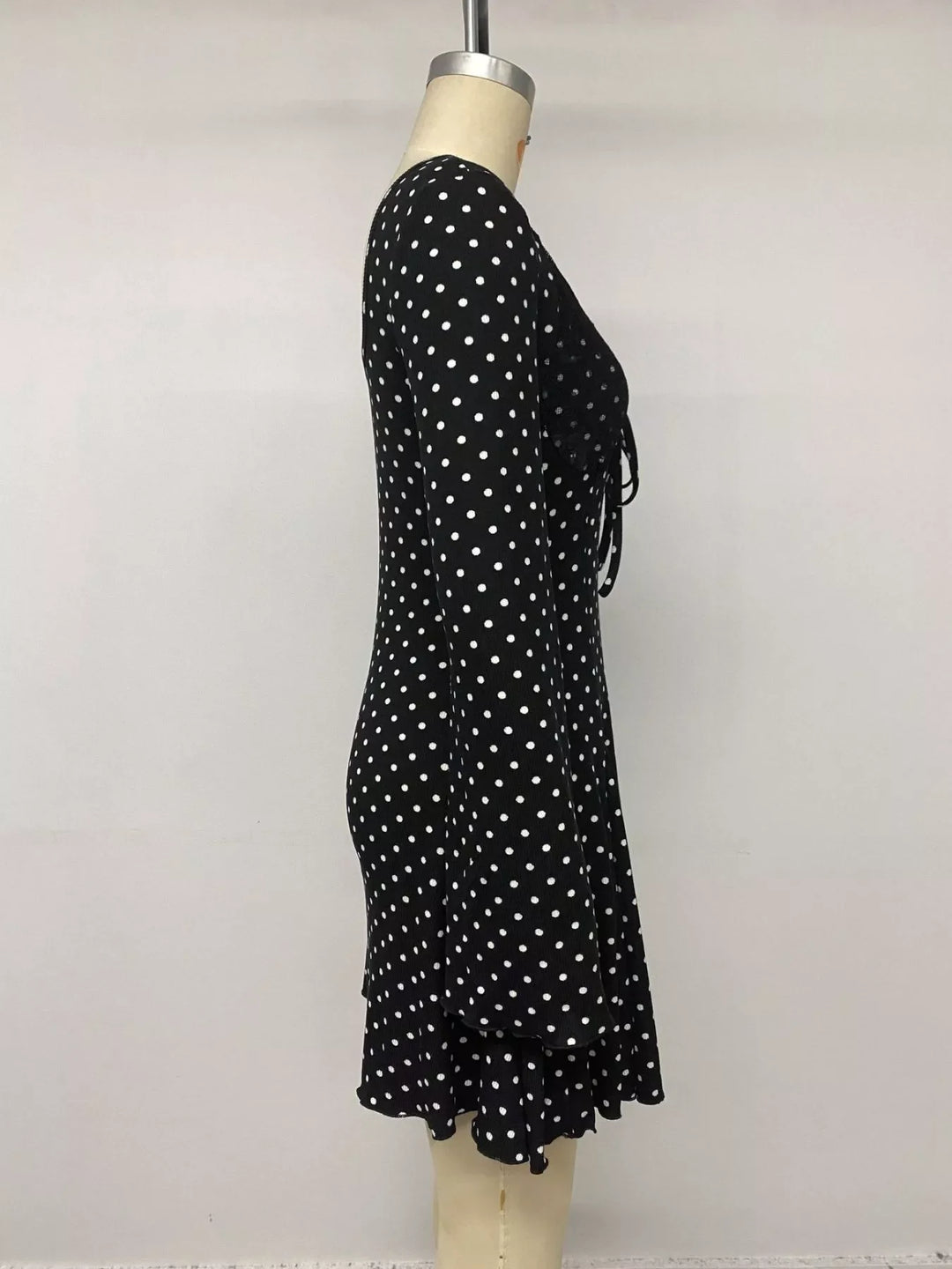 Polka Dot Lace Trimmed V-Neck Mini Dress